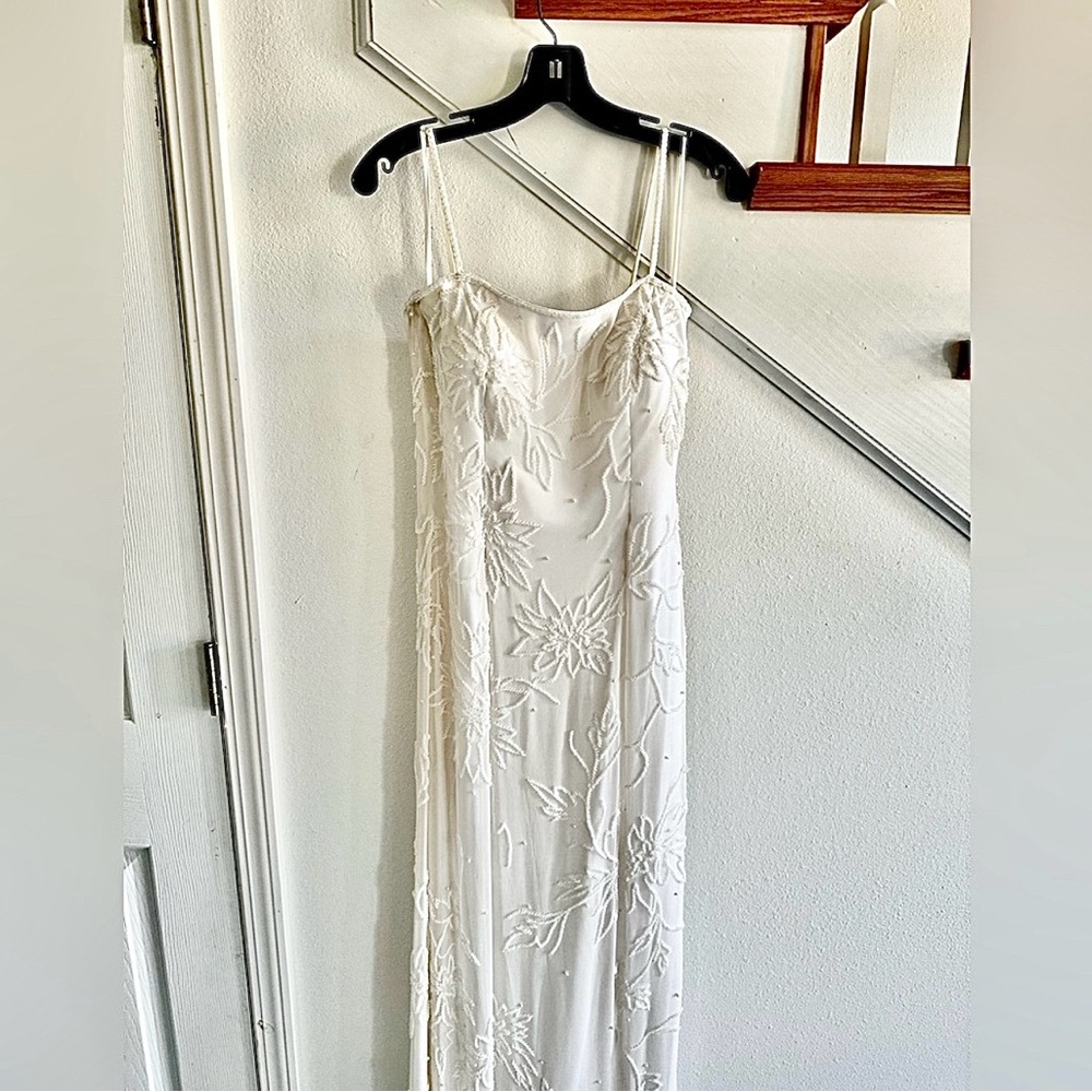 Tiffany off white sequin formal dress. Elegant White Floral Dress 32” chest.